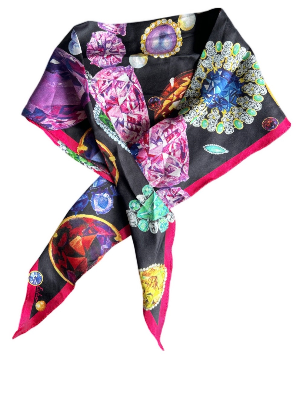 Echo Black Silk-Feel Scarf with Multicolor Gem Print and Pink Trim